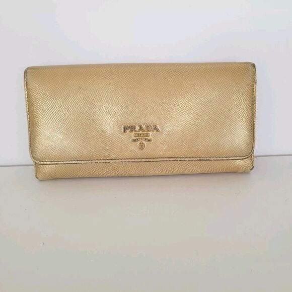 PRADA Authentic Vintage Gold Ssffiano Leather Logo Wallet Envelope Large Fair - Picture 1 of 13